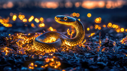 A close-up of a snake illuminated by glowing lights in a dark, natural setting at dusk