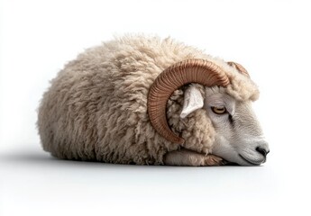 Fluffy sheep resting peacefully on white background in soft light