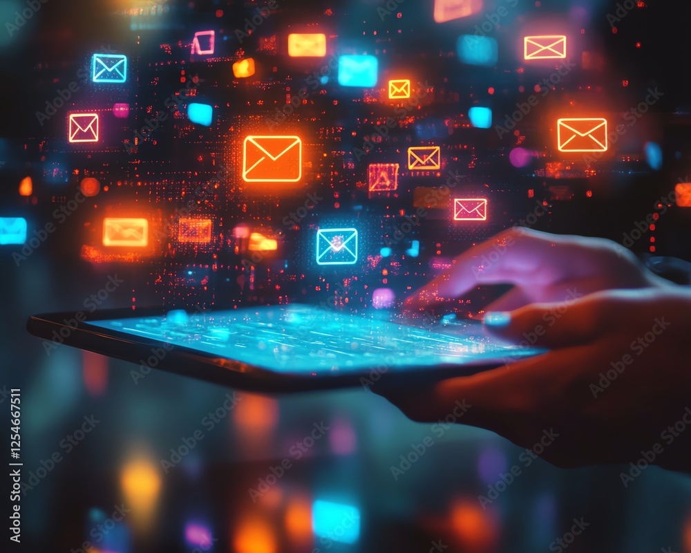 Poster floating digital email notifications above a tablet screen, glowing icons, hightech interface, moder