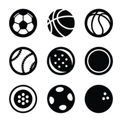 Football (Soccer Ball), Basketball, Baseball, Tennis Ball, Cricket Ball, Golf Ball, Volleyball, Rugby Ball, American Football, Hockey Ball, Ping Pong Ball icon set