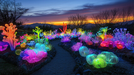 Vibrant illuminated garden at sunset showcasing colorful glass sculptures and nature