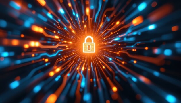 Glowing lock and circuit lines depicting cybersecurity and data protection concept