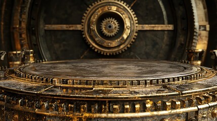 Fototapeta premium Intricate Golden Gears and Metallic Platform A Steampunk Inspired Stage for Product Display