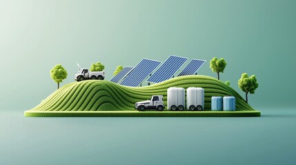 isometric 3D illustration of a futuristic solar farm, vast solar panels stretching across rolling hills, ultra-modern battery storage units, sustainable energy concept, clear blue sky, soft lighting,