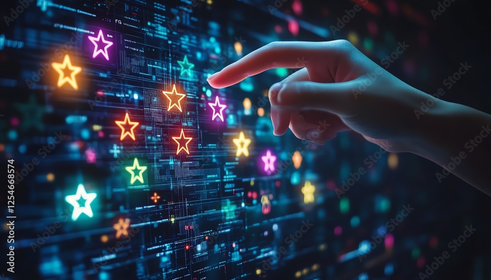 Poster hands hovering around glowing digital customer satisfaction icons, modern hightech design, vibrant f