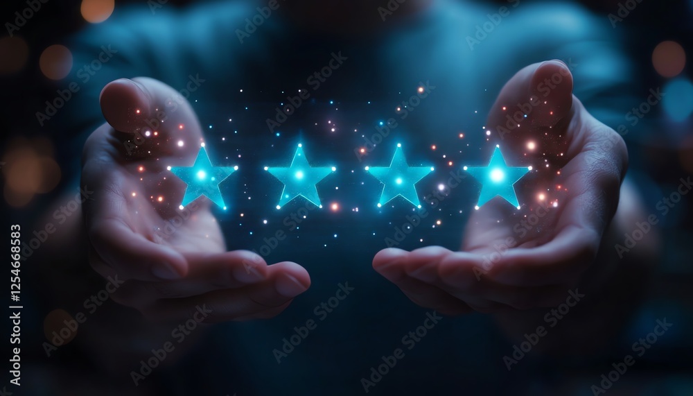 Aufkleber Hands hovering around glowing digital customer satisfaction icons, modern hightech design, vibrant futuristic lighting, ultrarealistic rendering, digital interface