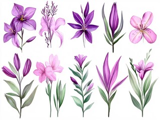 Watercolor Floral Illustration with Purple and Pink Flowers on White Background Artistic Style