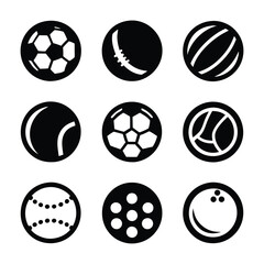 Football (Soccer Ball), Basketball, Baseball, Tennis Ball, Cricket Ball, Golf Ball, Volleyball, Rugby Ball, American Football, Hockey Ball, Ping Pong Ball icon set
