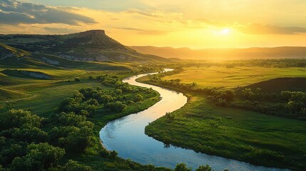 Obraz premium Serene River Valley at Golden Hour with Lush Greenery and Dramatic Landscape under a Bright Sun