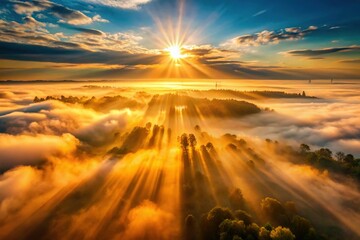 Sun Rays Piercing Hazy Sky - Aerial View, Golden Hour Light