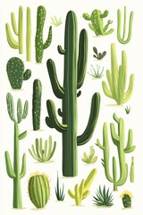 Various cacti and desert plants in green tones on a white background in a flat design style