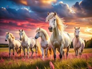 Obraz premium Unique Pink Horse in White Herd - Stunning High-Definition Stock Photo