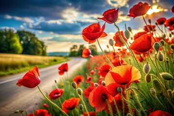 Obraz premium Vibrant Red Poppies Swaying in Summer Breeze Beside Country Road