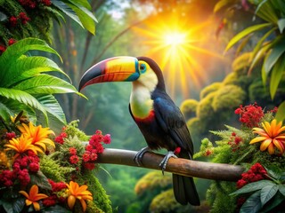 Obraz premium Vibrant Toucan Amongst Lush Brazilian Rainforest Flora