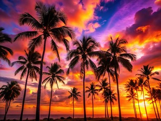 Obraz premium Vibrant Sunset Silhouette: Palm Trees at Golden Hour