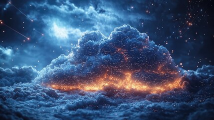 A mesmerizing cloud illuminated by glowing lights against a starry night sky, creating a mystical atmosphere
