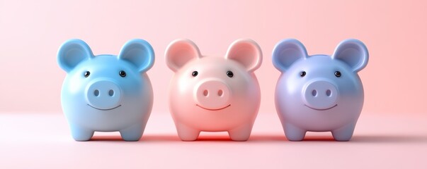 Three colorful piggy banks in blue, pink, and purple, set against a soft pink background, symbolizing savings and financial planning.