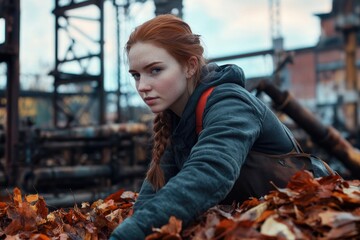 Fototapeta premium Red-haired woman with freckles, dressed in dark clothing, rests on a pile of autumn leaves in a rustic industrial setting.