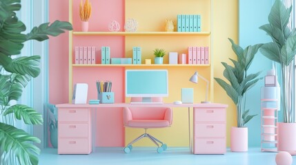 A vibrant office space featuring pastel colors, a modern desk, a computer, and decorative plants, creating a cheerful and productive atmosphere.