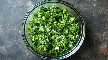 A bowl filled with freshly chopped green herbs, ready for culinary use.
