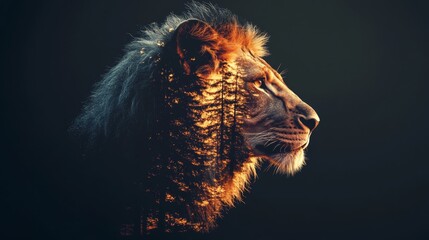 Naklejka premium A double exposure portrait of a majestic lion's side profile, set against a backdrop of trees and a sunset sky. The image has a black background, with a photorealistic, hyperrealistic, and cinematic