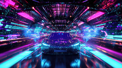 Futuristic electric car speeding through a vibrant digital tunnel with neon lights and patterns