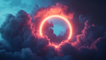 Glowing neon ring in dark clouds.