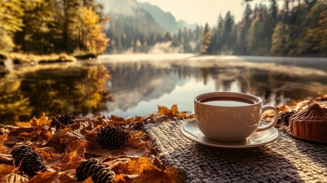 Autumnal serenity, lakeside coffee break amidst golden foliage and misty waters