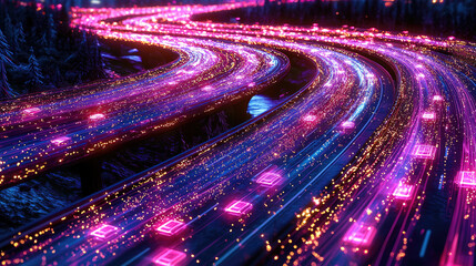 A vibrant, illuminated highway at night with flowing traffic and colorful lights in the background