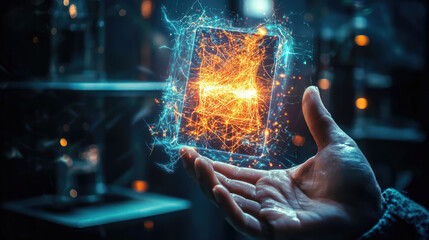 A hand holding a glowing, digital energy cube in a futuristic laboratory setting