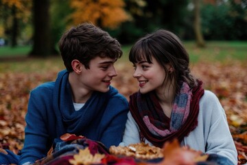 Young couple in love amidst autumn leaves, sharing a tender moment.