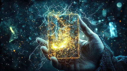 A hand holding a glowing smartphone surrounded by electric sparks in a dark, mystical setting