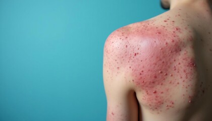 Fototapeta premium Medical Image Close up of Red Inflamed Skin with Multiple Bumps and Lesions on Back