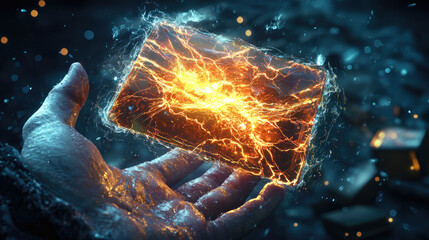 A glowing, electrified crystal held in a hand amidst a dark, mystical background with sparks