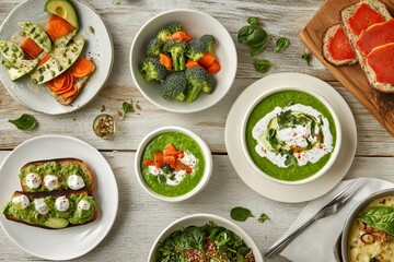 Healthy green food, vegetables, and soup on a white wooden table.