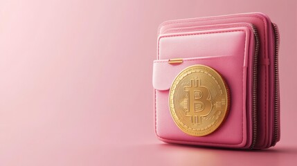 A stylish pink wallet featuring a prominent gold coin, set against a soft pink background, evoking themes of finance and fashion.