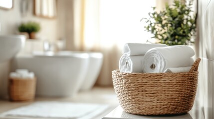 Rolled white towels in a wicker basket in a bathroom.
