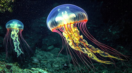 Two vibrant jellyfish gracefully swimming in deep ocean waters, surrounded by a dark, mysterious background