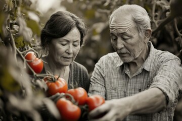 Senior couple tending their tomato plants, harvesting ripe, red tomatoes in their garden.