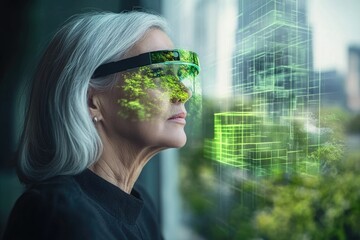 An elderly woman wearing futuristic glasses views a superimposed image of a green city, blending nature and technology.