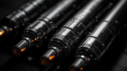 Close-up of four sleek, black, metallic cylindrical objects with glowing orange ends, arranged in a row.