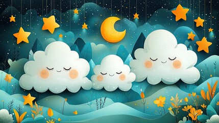 Whimsical night sky illustration featuring smiling clouds, stars, and a crescent moon in a serene landscape