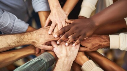 Close-up of diverse people holding hands, unity, support, teamwork, trust, solidarity, connection, multicultural friendship, and harmony

