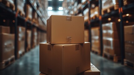 Stacked cardboard boxes in a warehouse storage area

