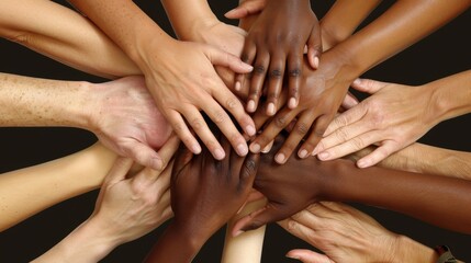 Close-up of diverse people holding hands, unity, support, teamwork, trust, solidarity, connection, multicultural friendship, and harmony

