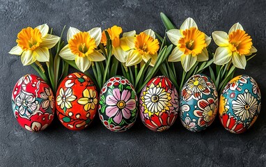 Vibrant Hand-Painted Easter Eggs with Floral Patterns and Daffodils on Dark Background