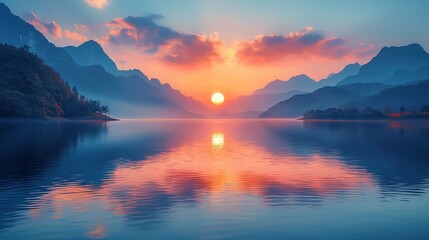 Sunrise Over Majestic Mountains and Calm Lake