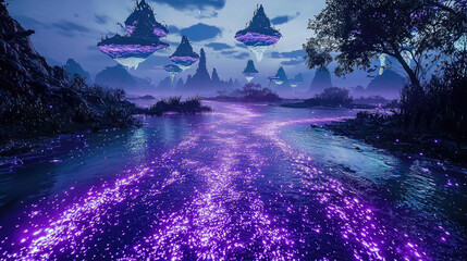 Surreal landscape featuring glowing purple river under floating islands at dusk, mystical ambiance