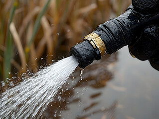 Water spraying from nozzle near reeds
