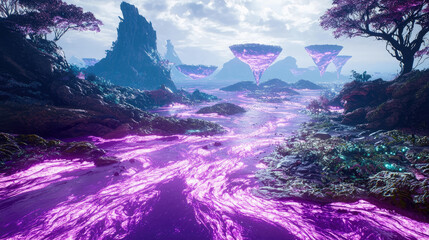 Surreal landscape with glowing purple river, floating islands, and vibrant flora under a cloudy sky